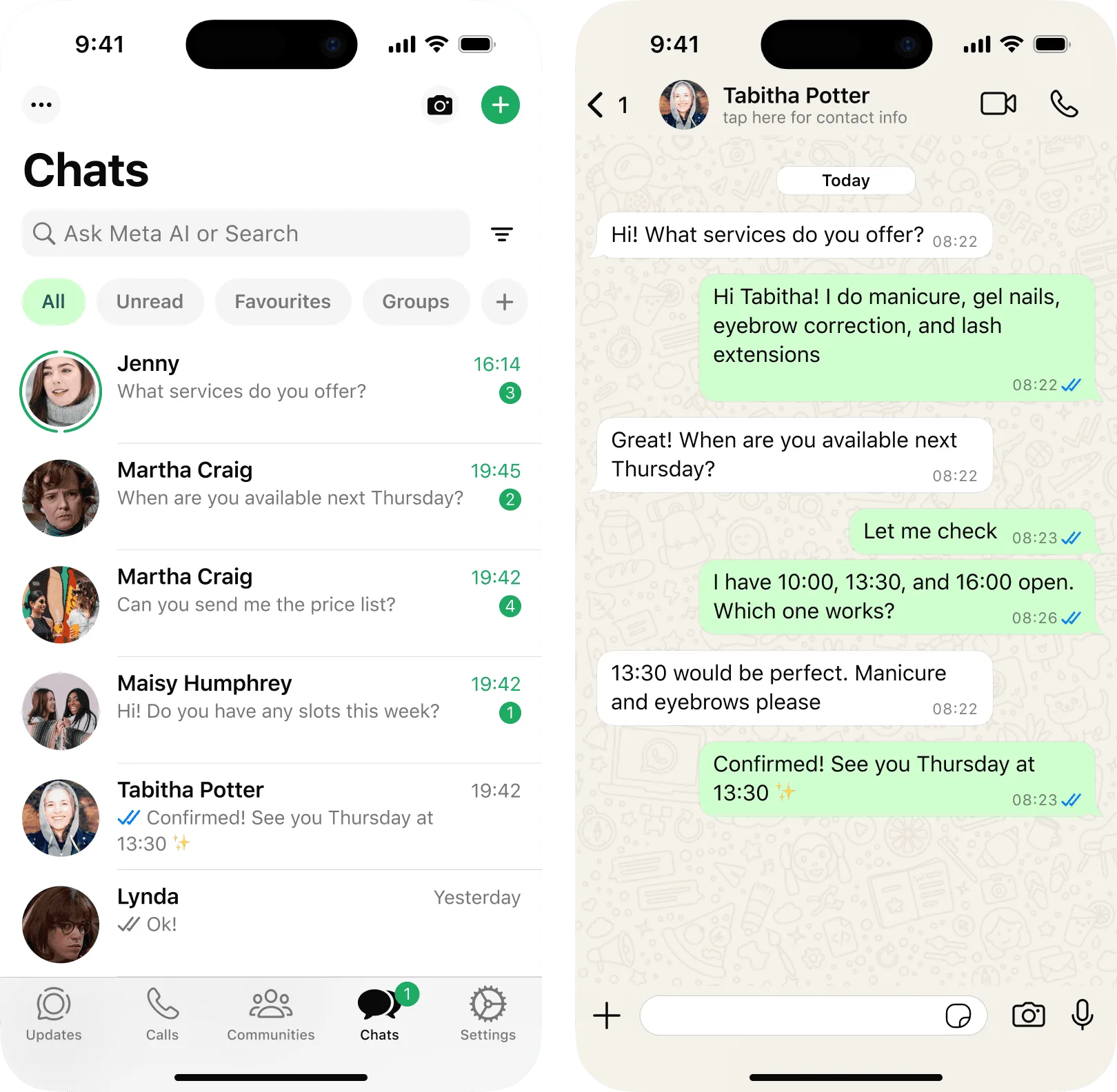 WhatsApp chats of a beauty professional: clients asking for prices and free slots, back-and-forth to agree on a time
