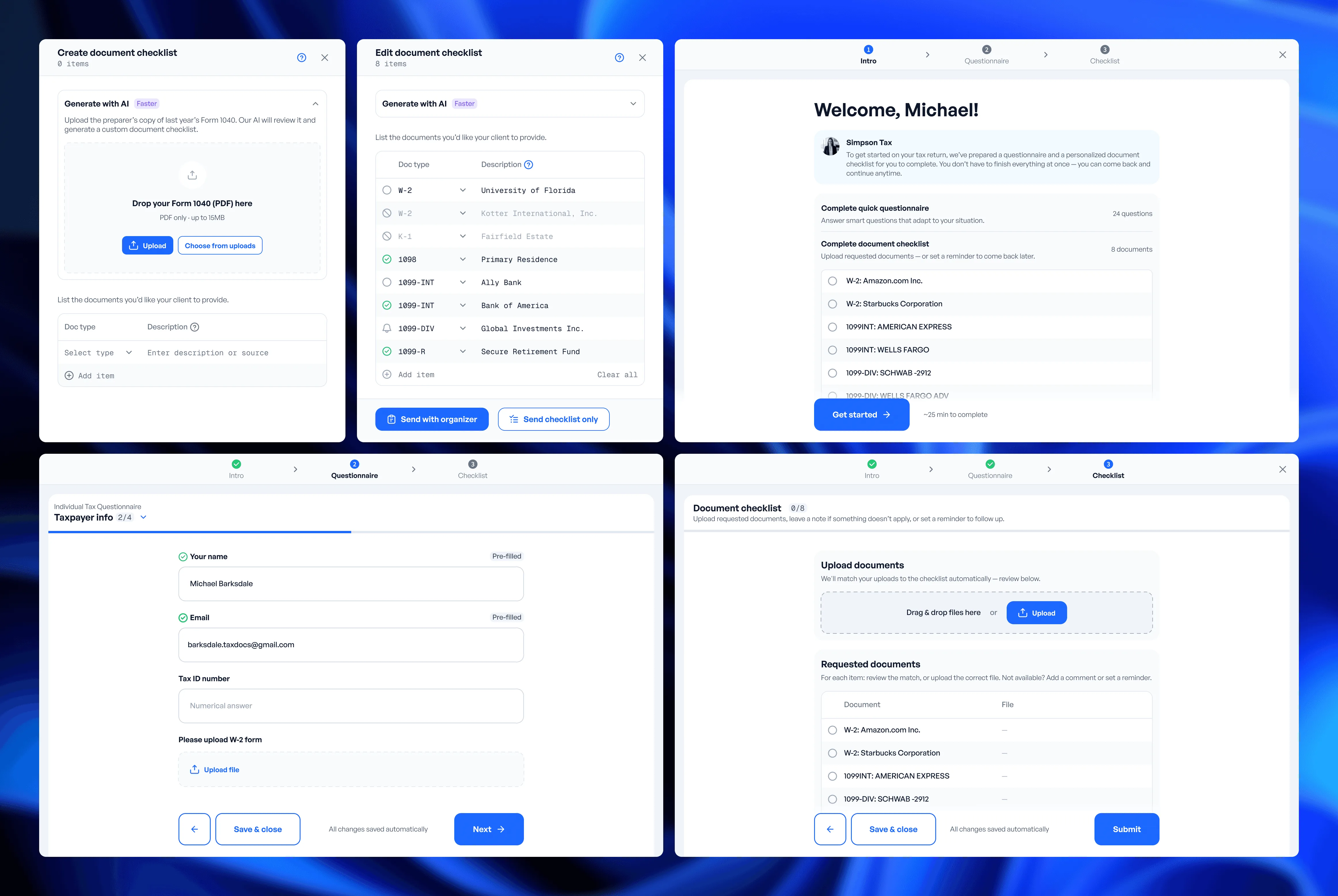Intake flow overview: the firm creates a document checklist with AI, edits it, and the client completes one task — welcome screen, questionnaire and document checklist
