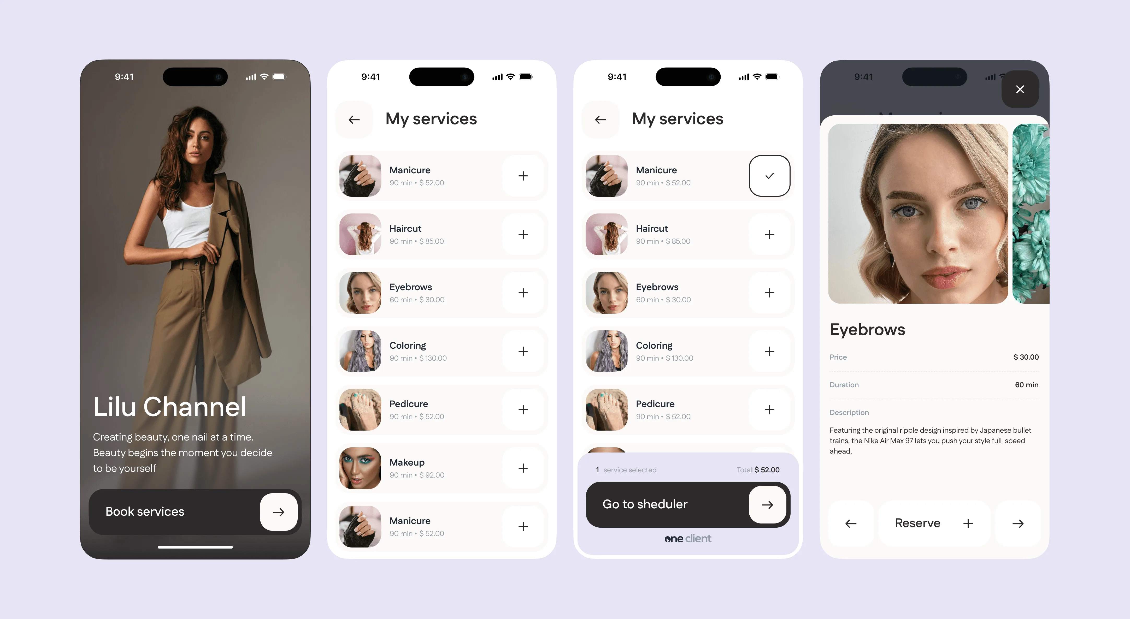 Client booking page: professional profile Lilu Channel, list of services with prices, service detail with photo gallery