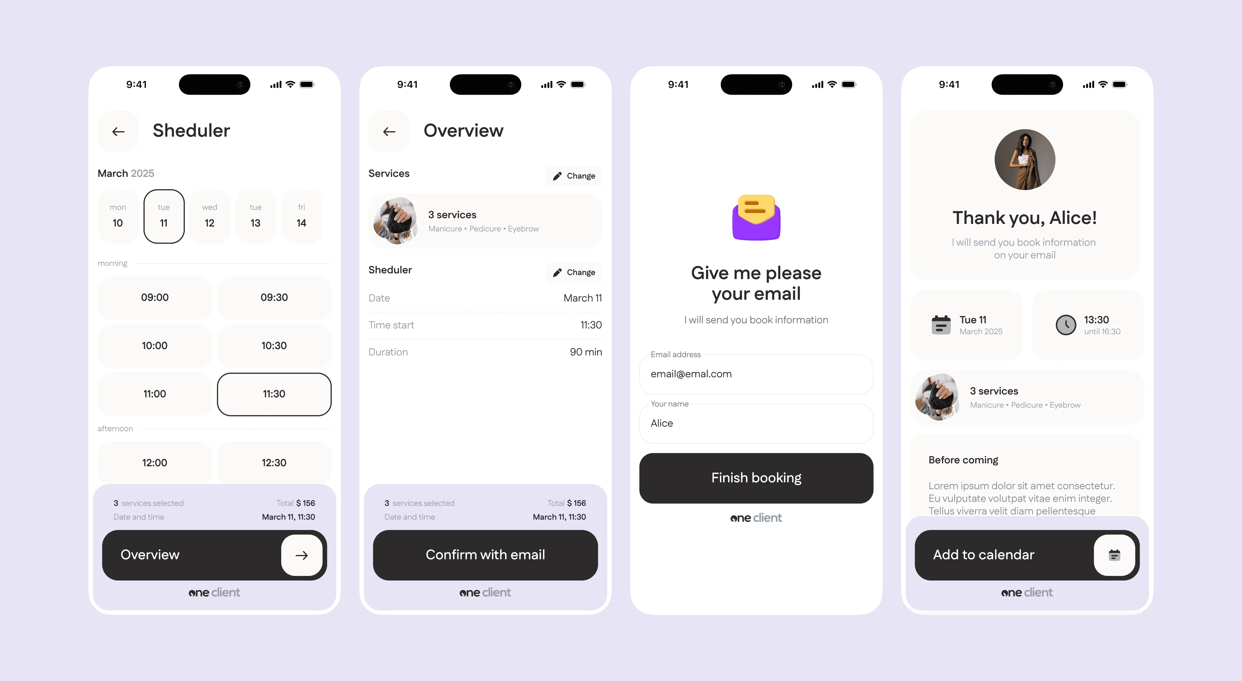 Scheduler with available slots, booking overview, email confirmation and the “Thank you” screen with add-to-calendar
