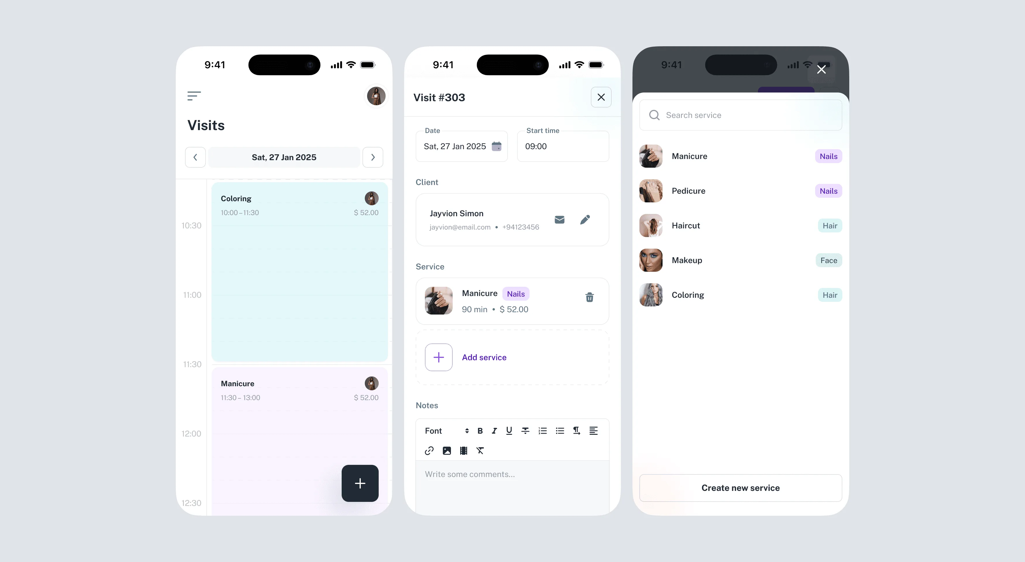 Professional’s mobile calendar with booked visits and the visit details screen