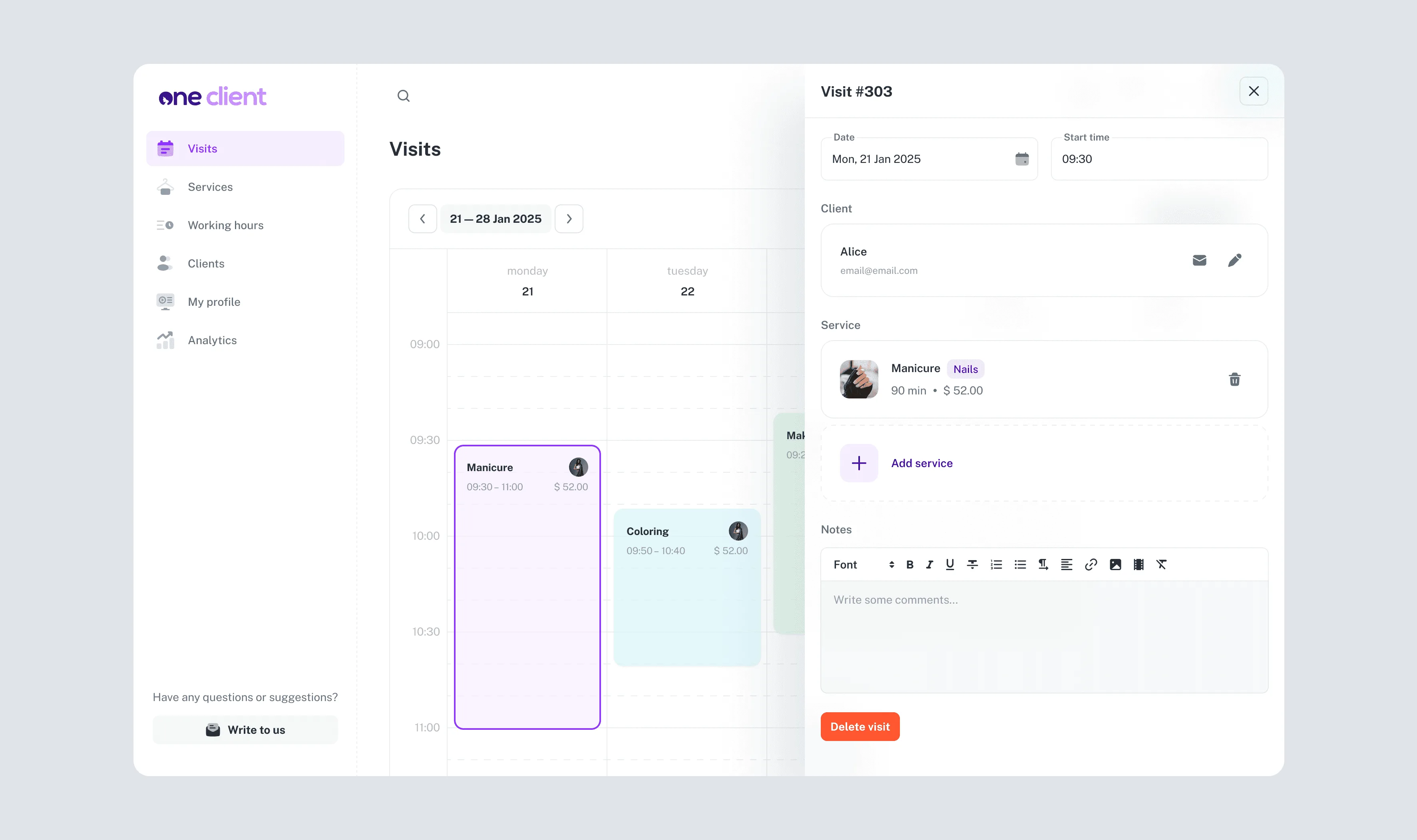 Desktop dashboard: visits calendar for the week with a visit detail panel