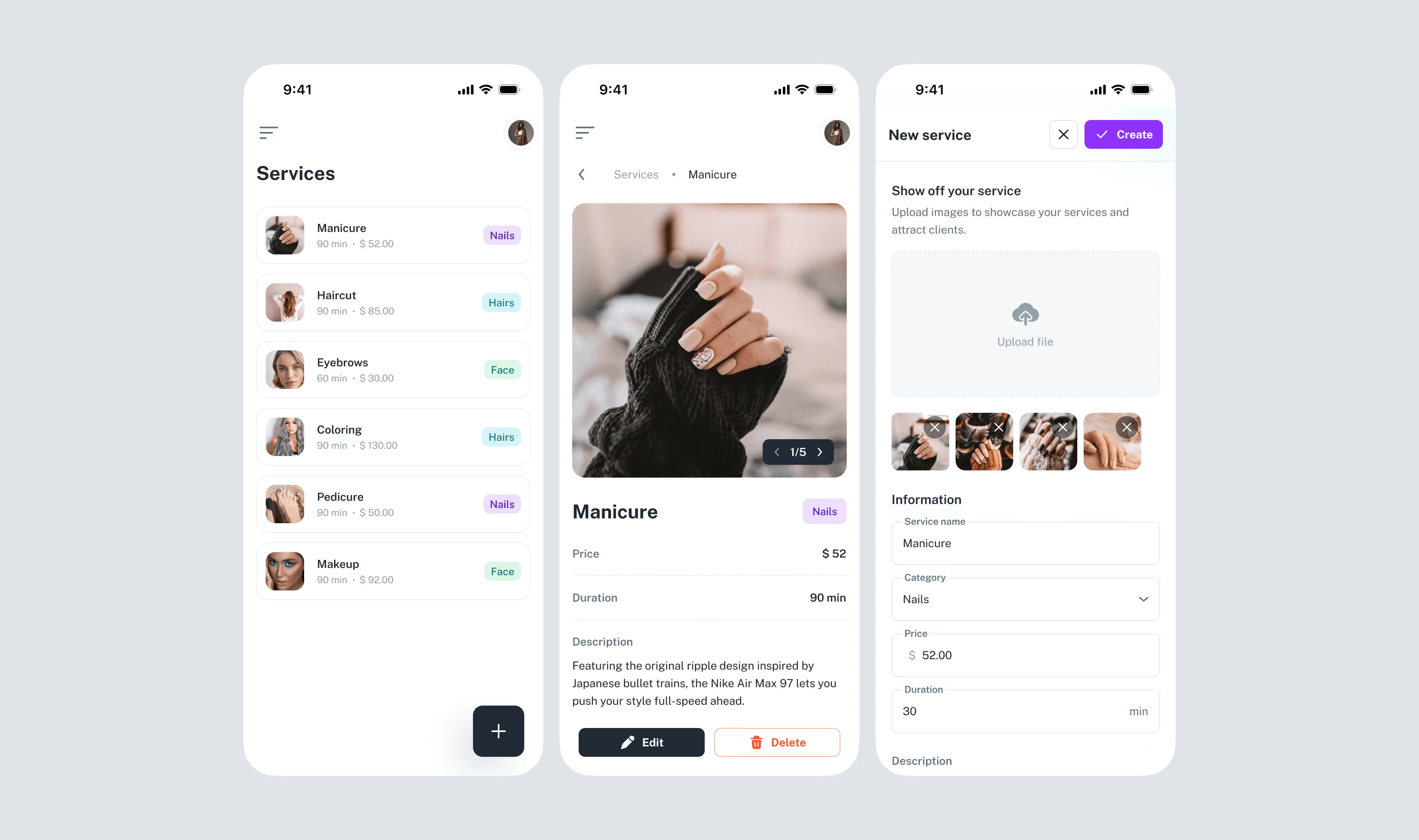 Services management: list of services, service editor with photos, price and duration