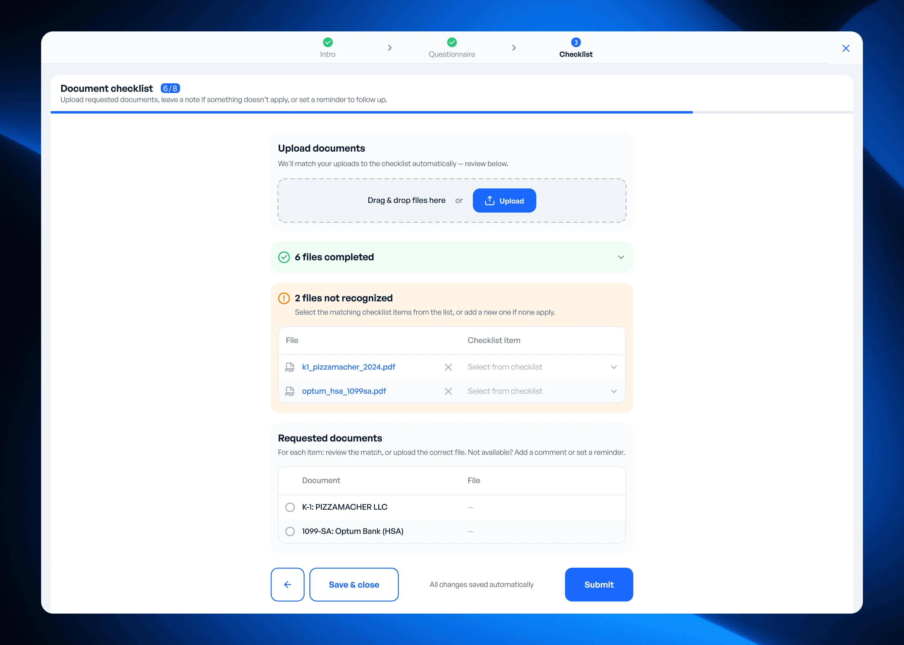 Client document checklist rebuilt as card tasks with upload and status per document