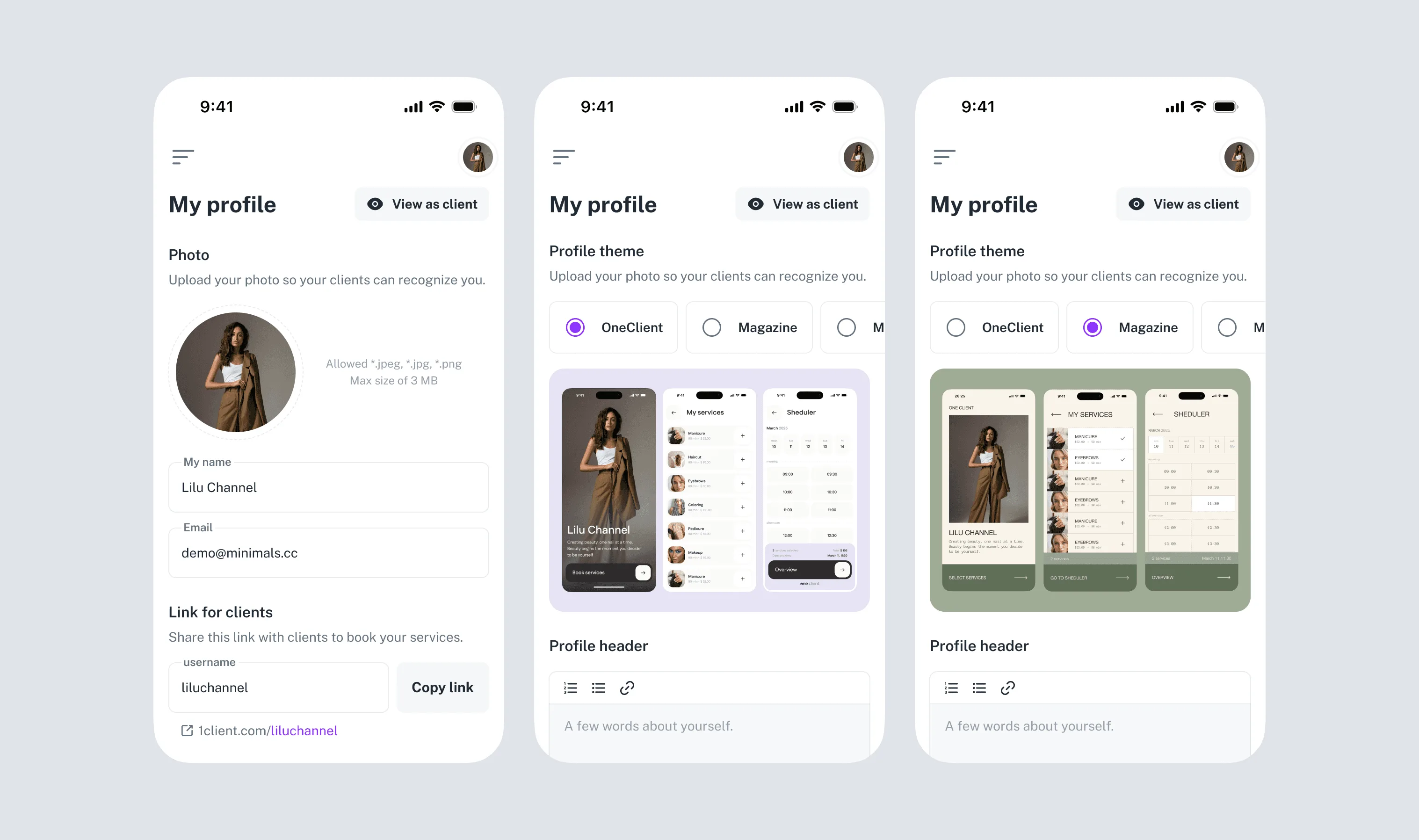 Profile settings with bio, photo, booking link and theme selector with live preview