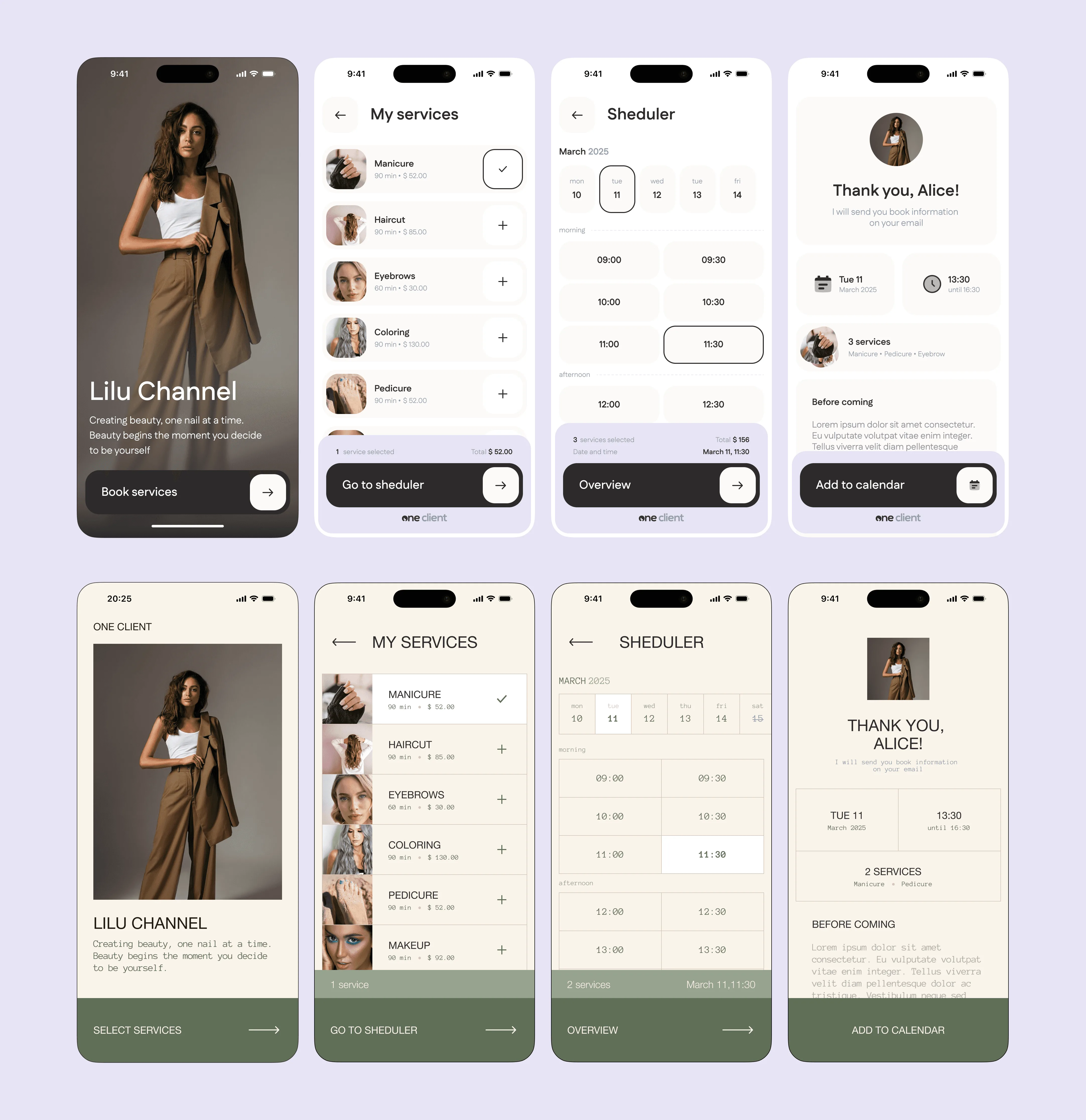 Two booking page themes side by side across booking, scheduler and confirmation screens
