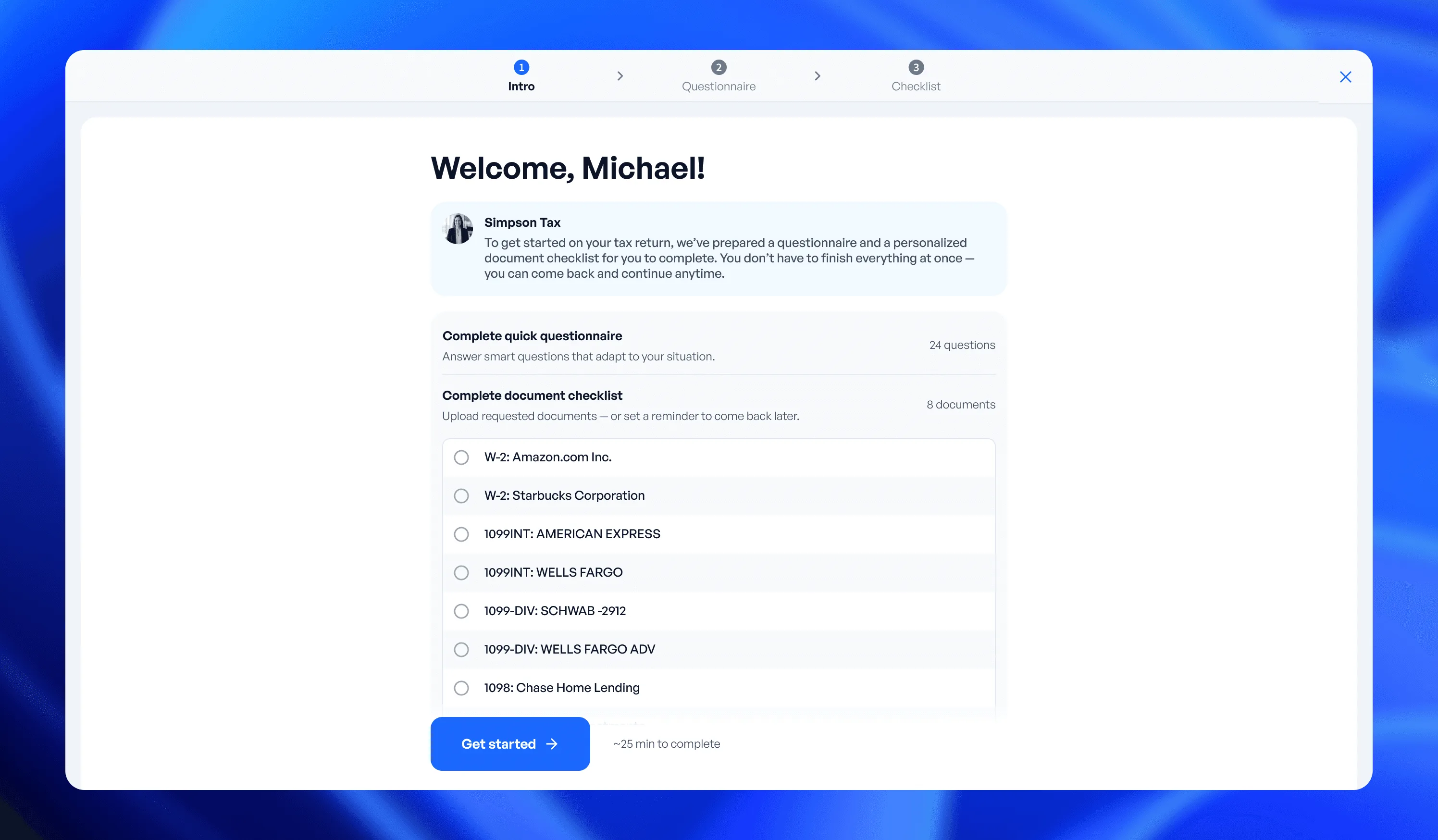 Client welcome screen listing what the firm needs: questionnaire and document checklist