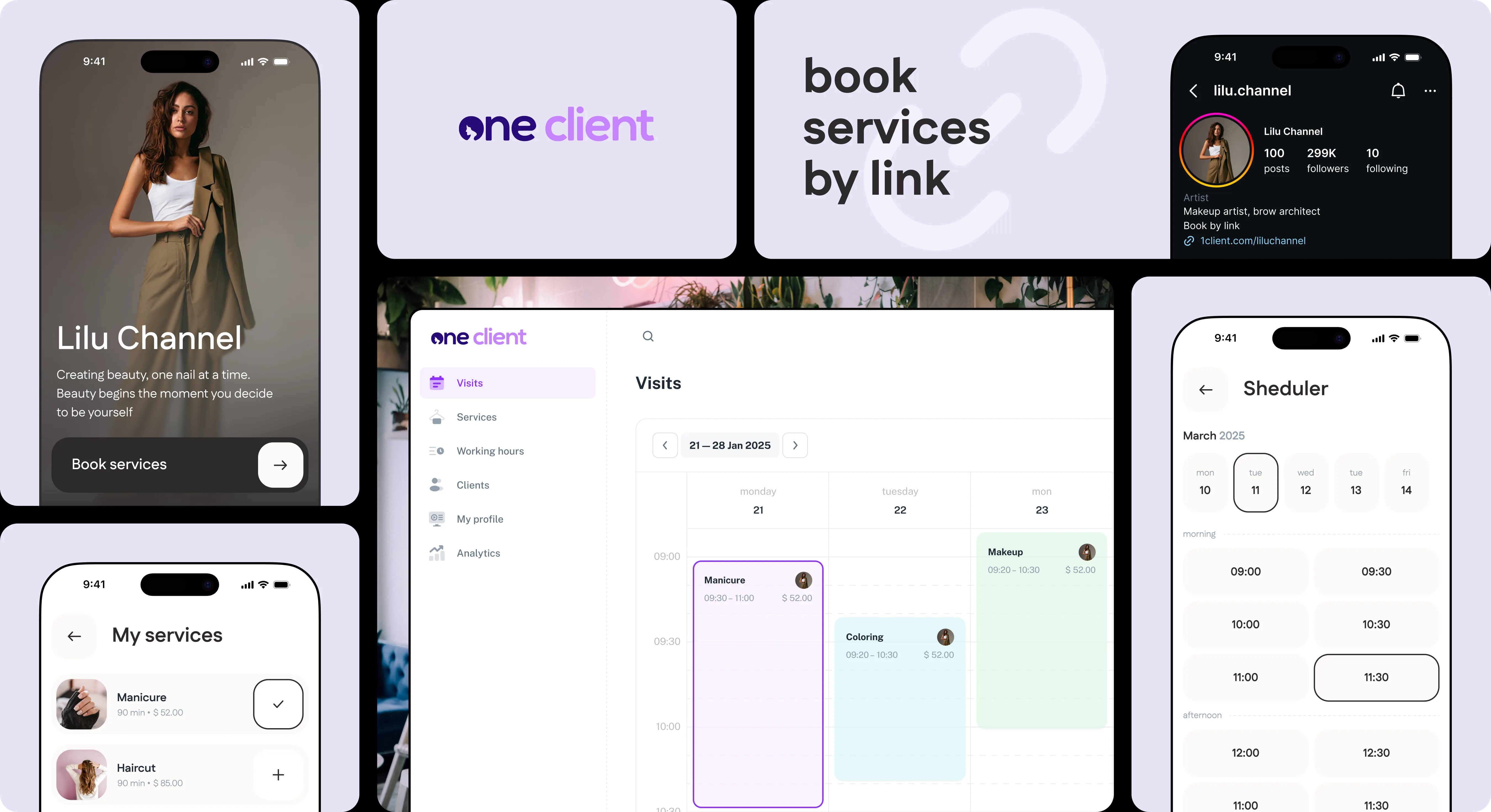One Client booking app: client booking page, book services by link, services list, scheduler and the professional’s visits calendar